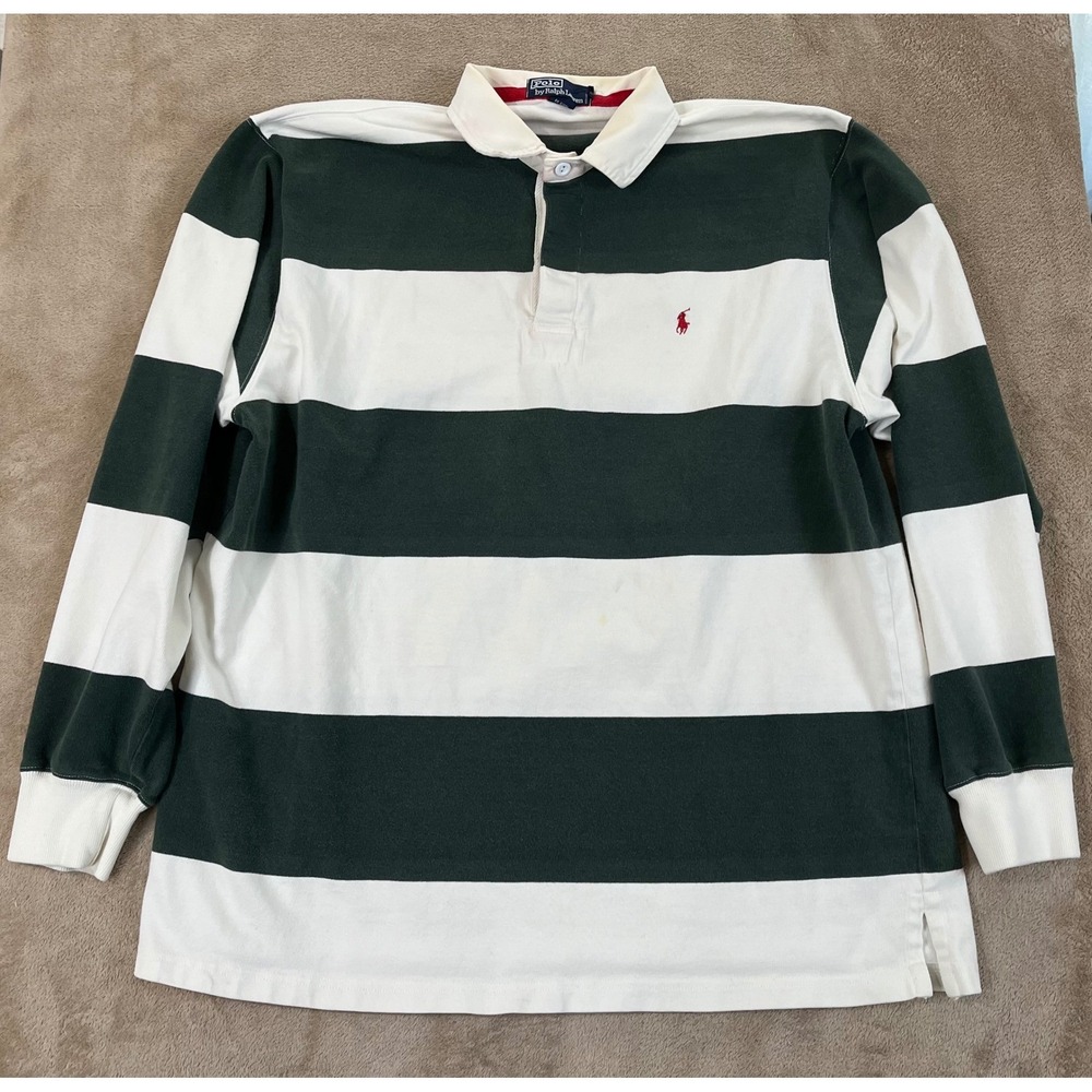 Vintage Polo Ralph Lauren Iconic Rudby Shirt Mens L Green White Striped L/S GOOD
